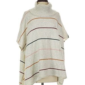 LOFT Oatmeal Cowl Neck Poncho Sweater with Multicolor Stripes